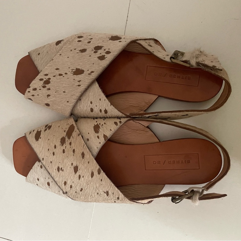 Either/Or Tan and Brown calfskin Slingback Sandals with Speckled Pattern